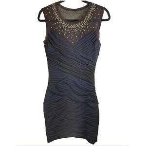 BCBG Maxazria Blue Bodycon Dress with Black Mesh Overlay and Rhinestone Details